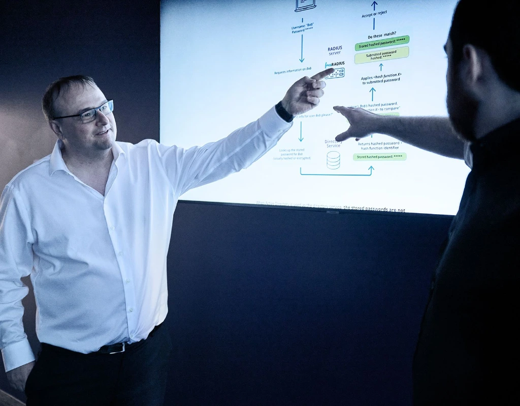 Man in white shirt pointing at a projected diagram, discussing with another person. The diagram illustrates a process involving RADIUS server and Direct Service with various steps and functions.