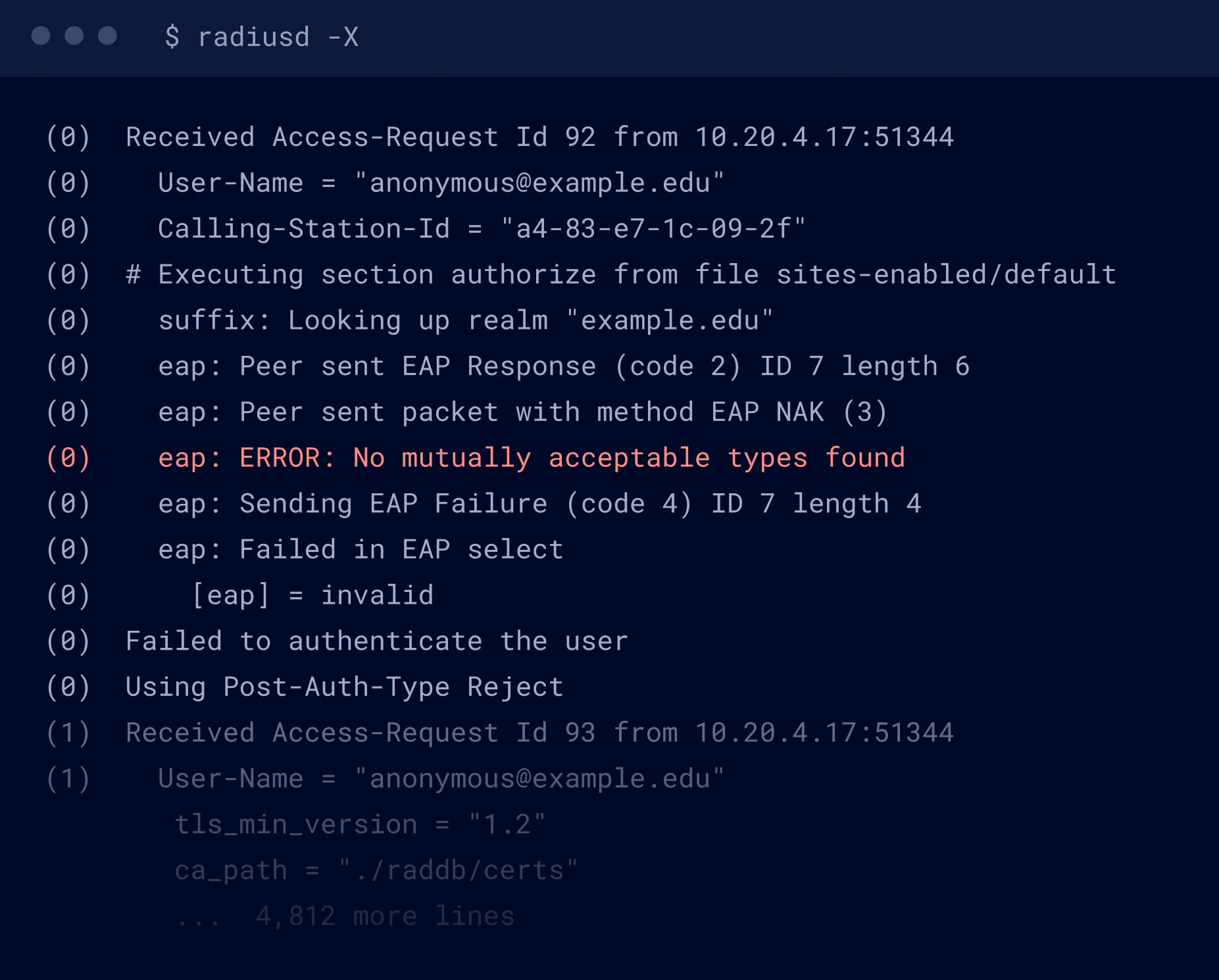 The FreeRADIUS debug logs have plenty to say
