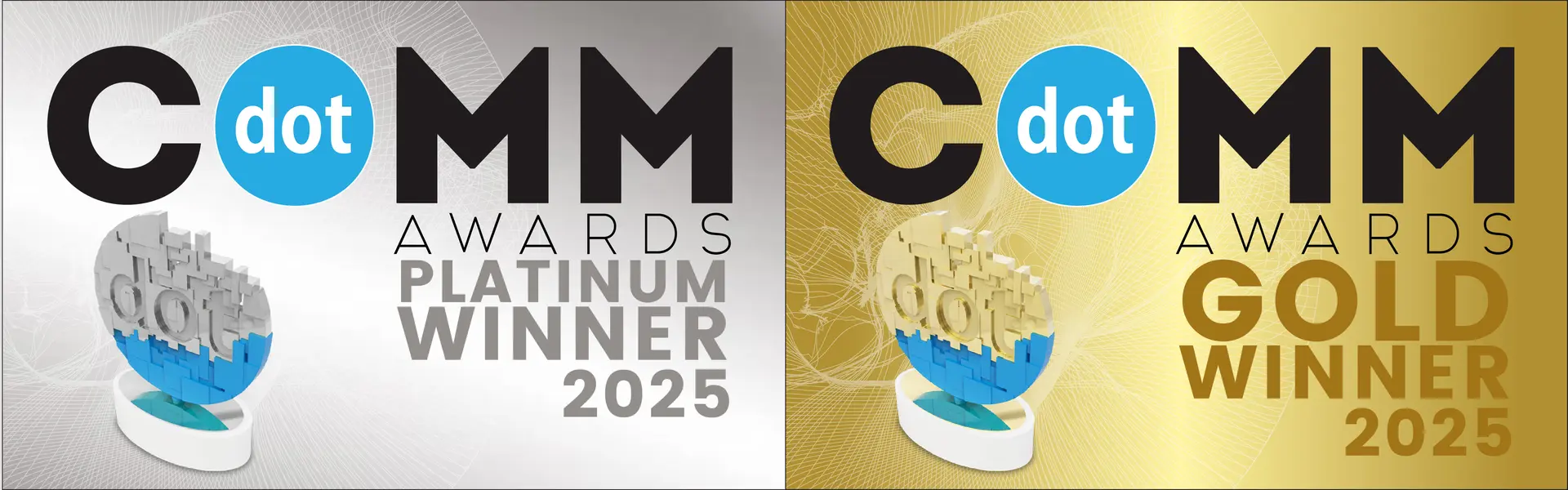 Platinum and Gold dotCOMM Award badges side by side, recognising InkBridge Networks for BlastRADIUS vulnerability response, inaugural RADIUS Conference, and ransomware prevention thought leadership in 2025. 